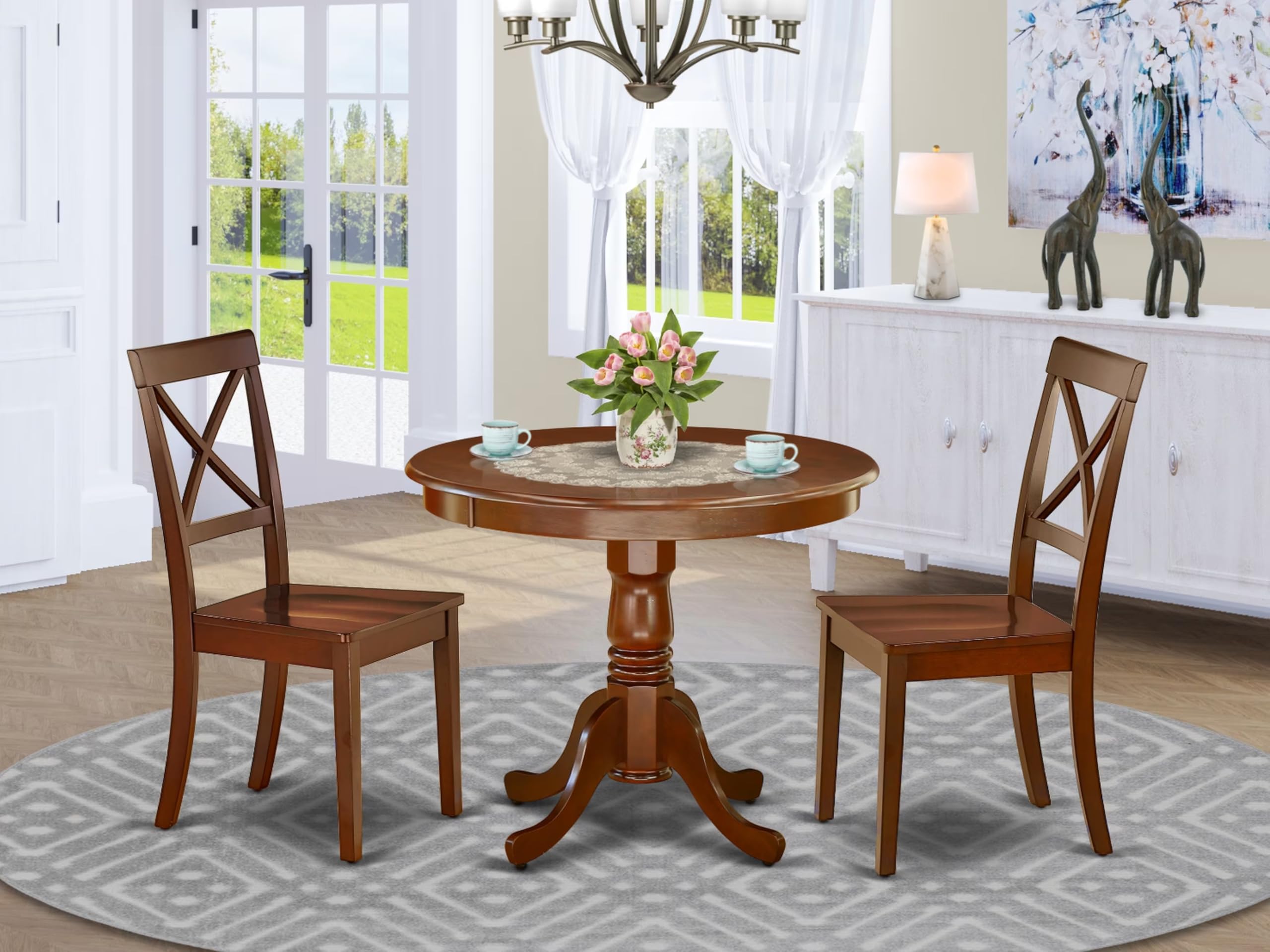 East West Furniture Anbo3-Mah-W 3 Piece Dining Set Contains A Round Kitchen Table With Pedestal And 2 Dining Chairs, 36X36 Inch, Mahogany